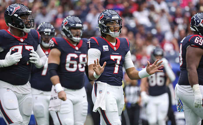 Oct 15, 2023; Houston, Texas, USA; Houston Texans quarterback C.J. Stroud (7) reacts after a play during the third quarter against the New Orleans Saints at NRG Stadium. Mandatory Credit: Troy Taormina-USA TODAY Sports